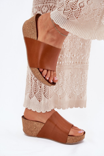 Zazoo 40291 Leather Women Slippers On Cork Wedge Brown