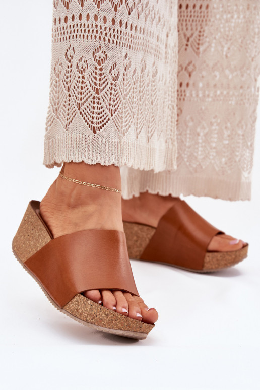 Zazoo 40291 Leather Women Slippers On Cork Wedge Brown