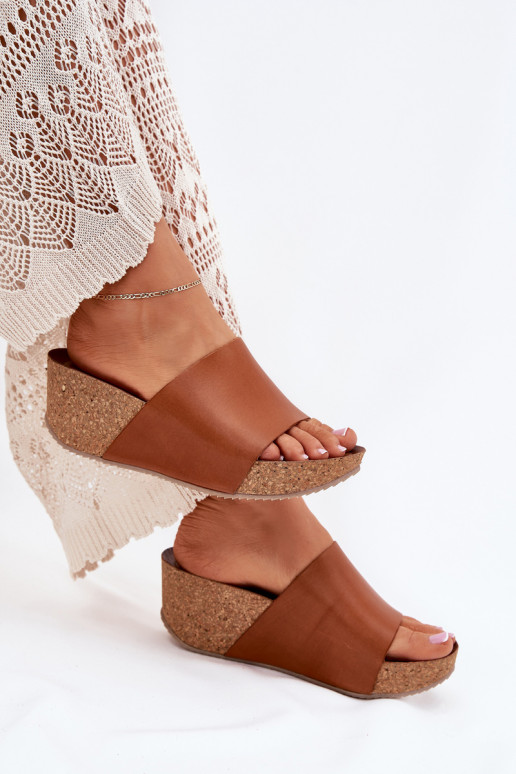 Zazoo 40291 Leather Women Slippers On Cork Wedge Brown