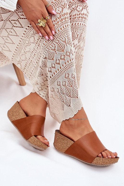 Zazoo 40291 Leather Women Slippers On Cork Wedge Brown