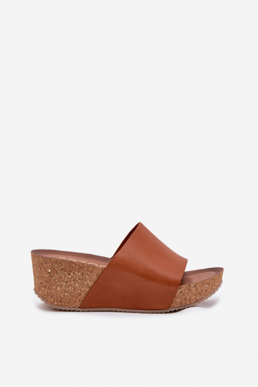 Zazoo 40291 Leather Women Slippers On Cork Wedge Brown