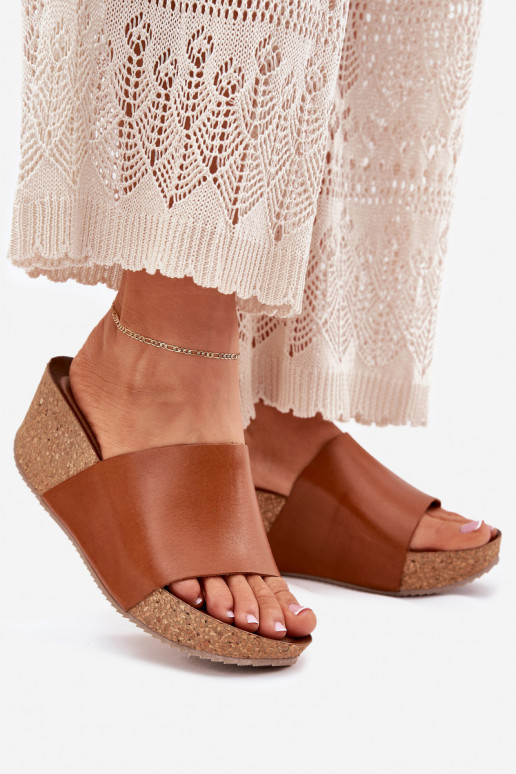 Zazoo 40291 Leather Women Slippers On Cork Wedge Brown