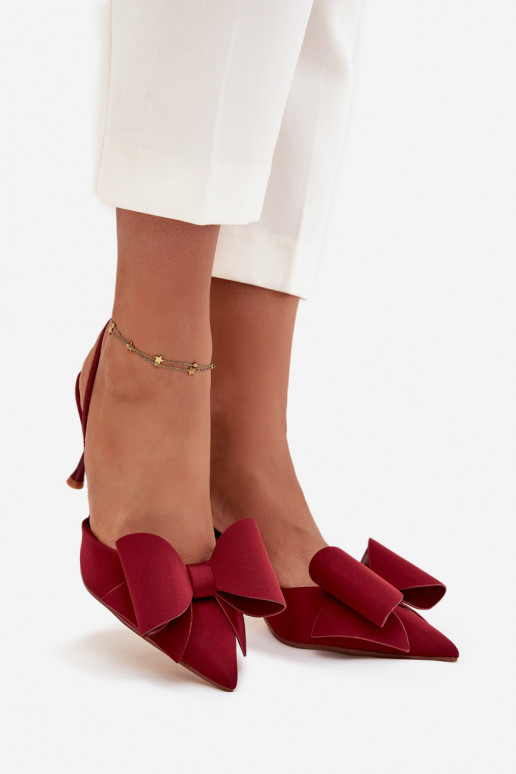 Burgundy high-heeled shoes with open heel and bow Eklevia