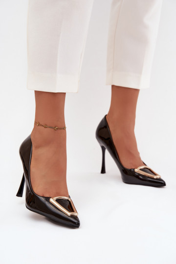 Black high-heeled shoes with patent effect and gold-colored details Paivelle 2