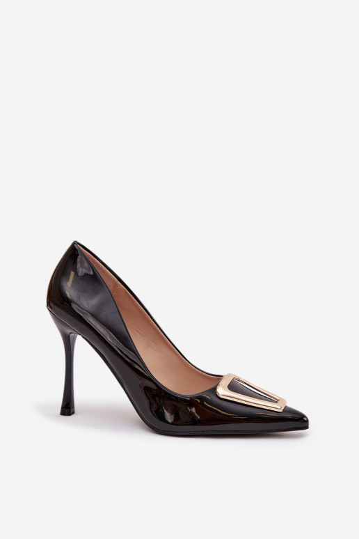 Black high-heeled shoes with patent effect and gold-colored details Paivelle