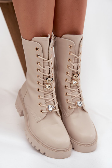 Women's sand-colored work ankle boots with teddy bears and hearts Iravine