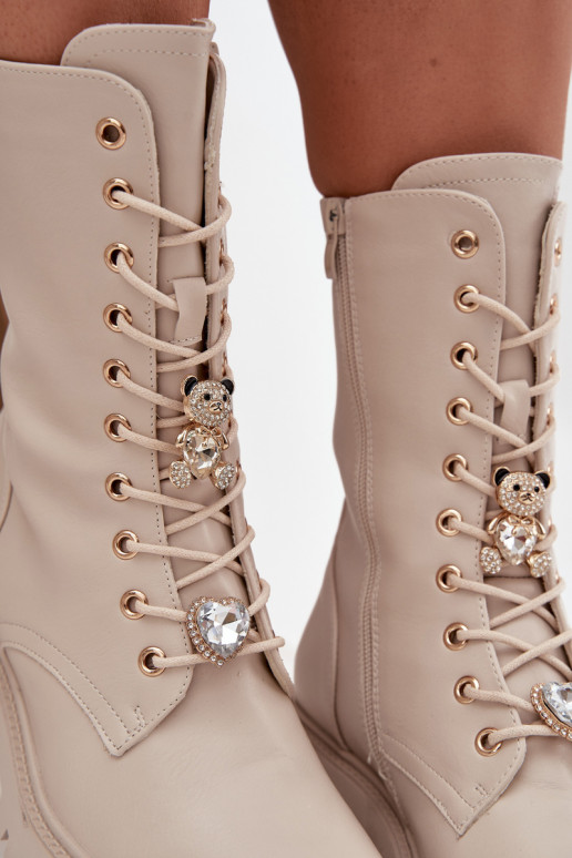 Women's sand-colored work ankle boots with teddy bears and hearts Iravine