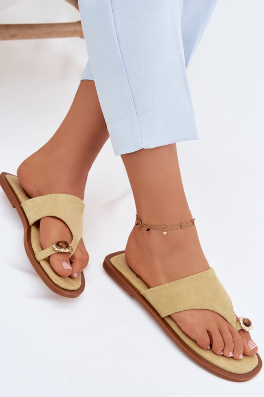 Women's Flat Flip Flops With Decorative Detail Yellow Fedira