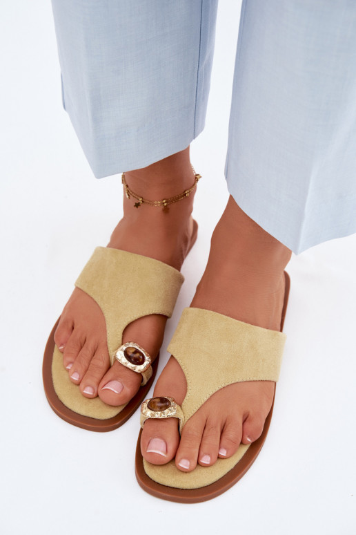 Women's Flat Flip Flops With Decorative Detail Yellow Fedira