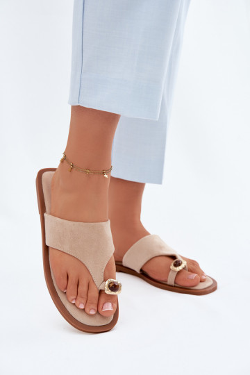 Women's Flat Flip Flops With Decorative Detail Beige Fedira 2