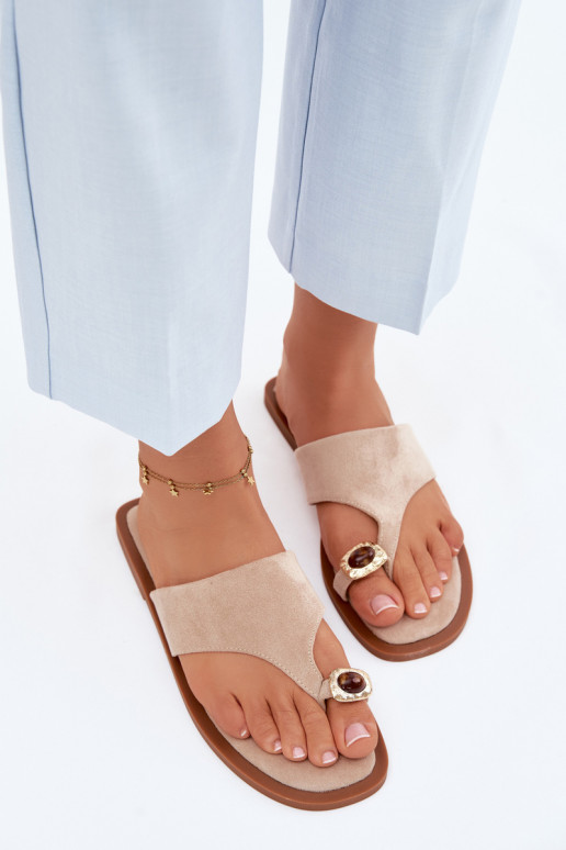 Women's Flat Flip Flops With Decorative Detail Beige Fedira