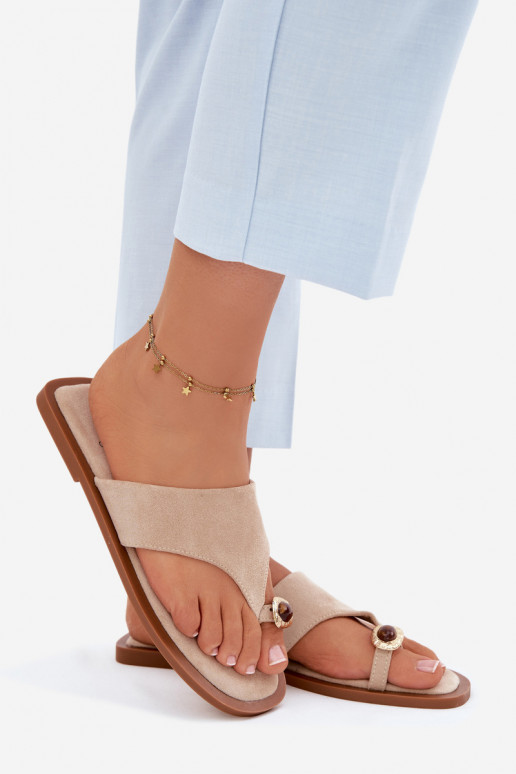 Women's Flat Flip Flops With Decorative Detail Beige Fedira