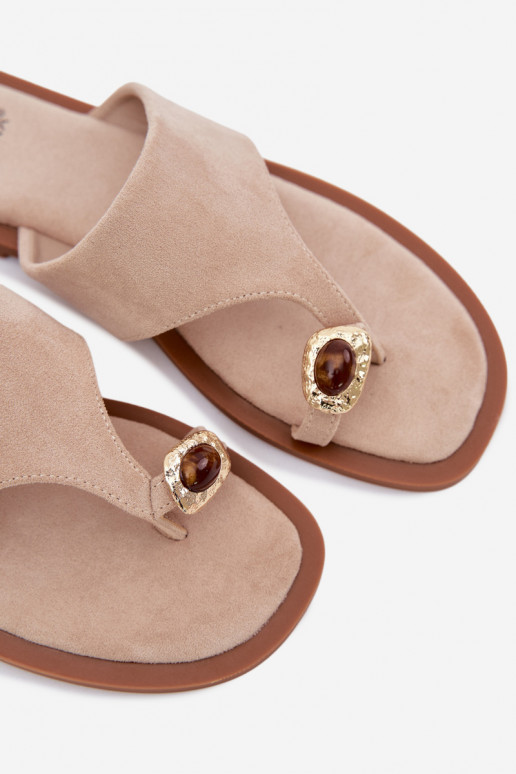Women's Flat Flip Flops With Decorative Detail Beige Fedira