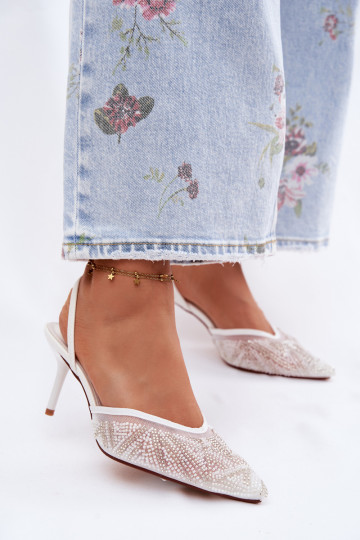 Embellished Sandals With Mesh On Heel White Bedira 2