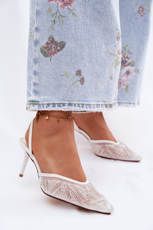 Decorated sandals with mesh and thin heels white Bedira