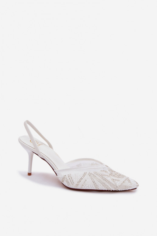 Embellished Sandals With Mesh On Heel White Bedira