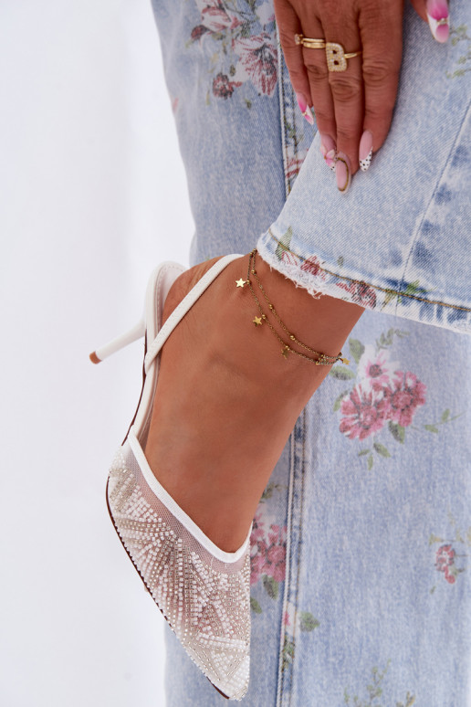Embellished Sandals With Mesh On Heel White Bedira