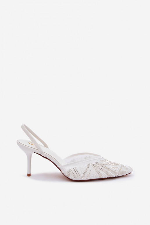 Embellished Sandals With Mesh On Heel White Bedira