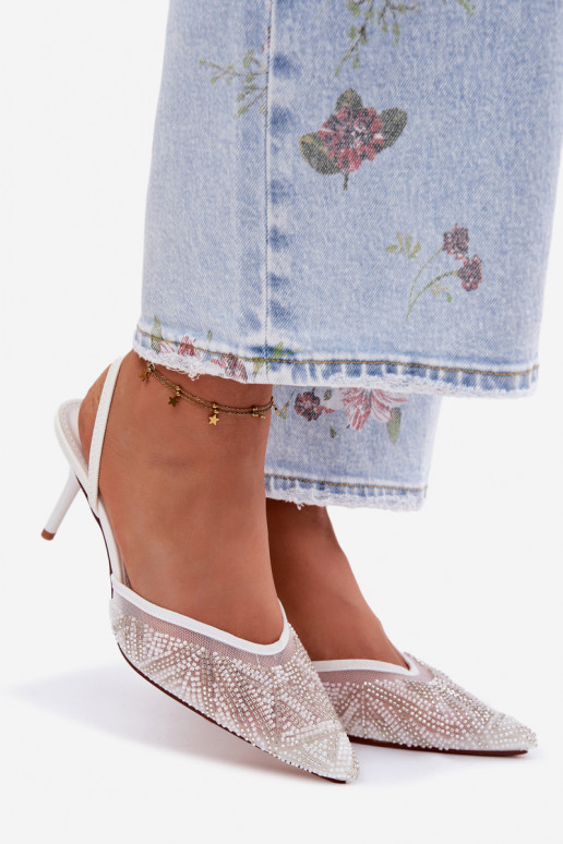 Embellished Sandals With Mesh On Heel White Bedira