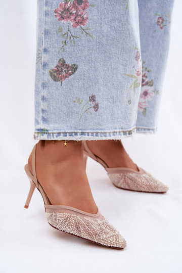 Embellished Sandals With Mesh On Heel Beige Bedira 2