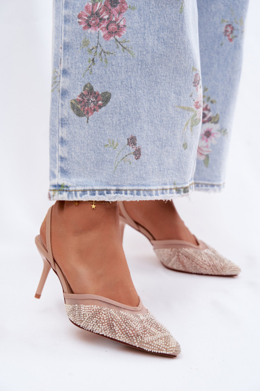 Decorated sandals with mesh and thin heels sand Bedira