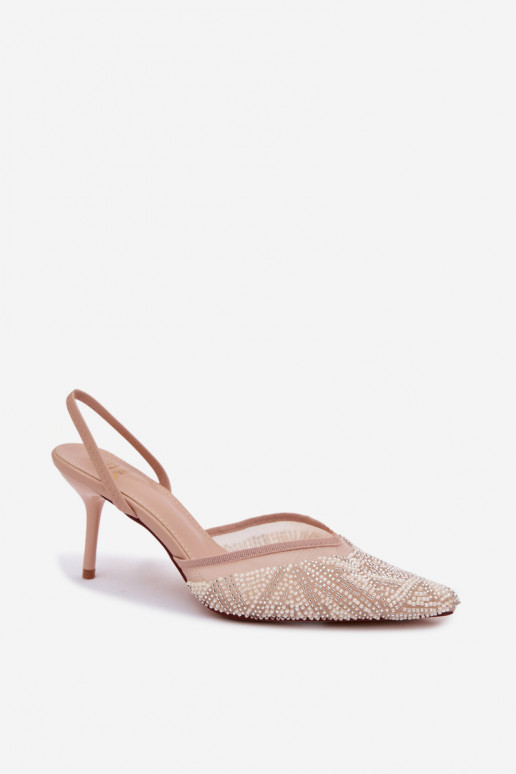 Embellished Sandals With Mesh On Heel Beige Bedira