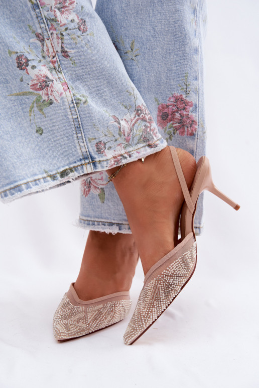 Embellished Sandals With Mesh On Heel Beige Bedira