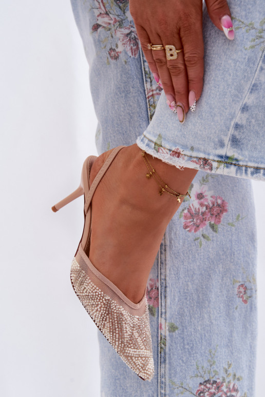 Embellished Sandals With Mesh On Heel Beige Bedira
