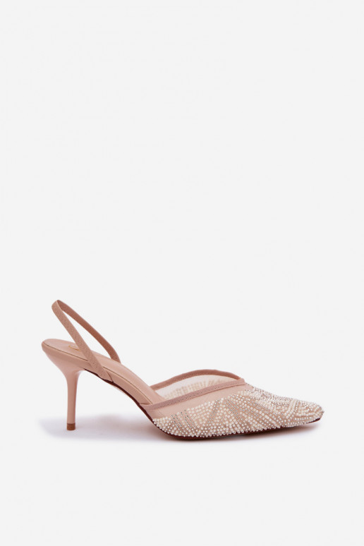 Embellished Sandals With Mesh On Heel Beige Bedira