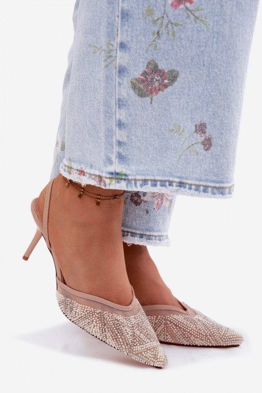 Embellished Sandals With Mesh On Heel Beige Bedira