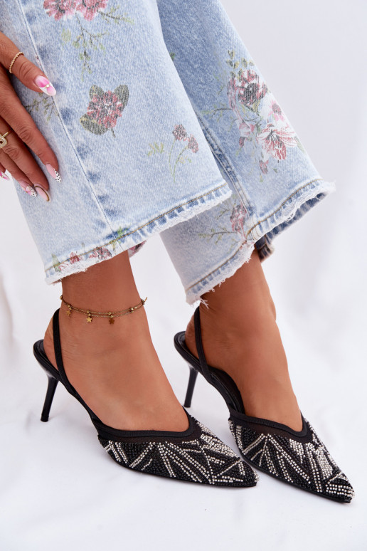 Embellished Sandals With Mesh On Heel Black Bedira