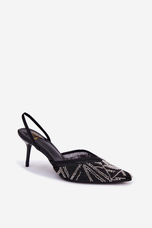 Embellished Sandals With Mesh On Heel Black Bedira