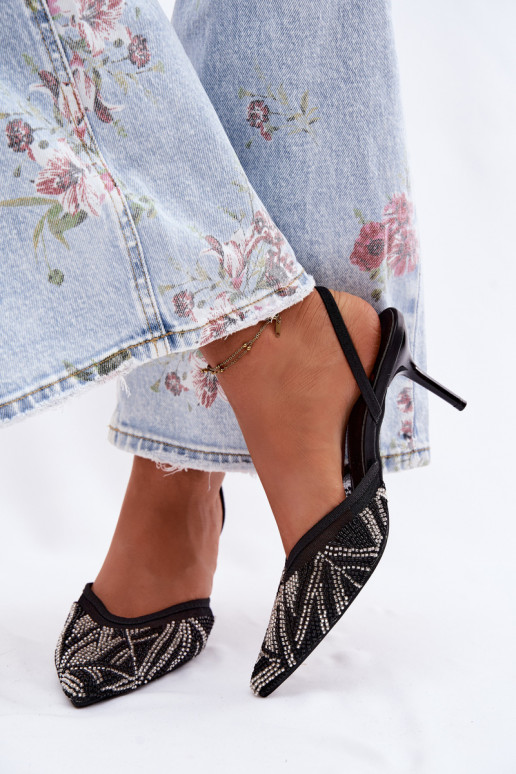 Embellished Sandals With Mesh On Heel Black Bedira