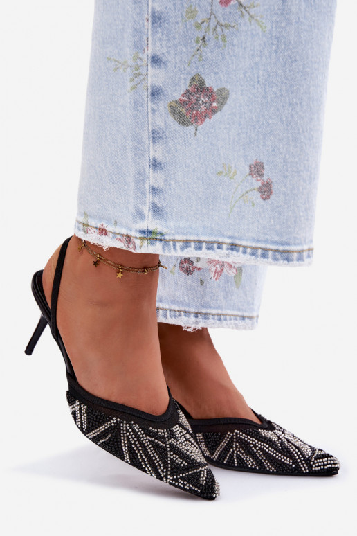 Embellished Sandals With Mesh On Heel Black Bedira