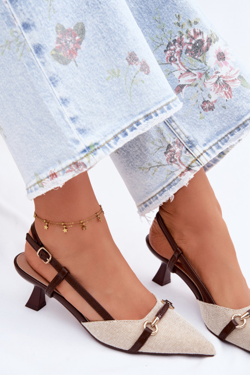 Sandały Damskie Na Obcasie Ze Szpiczastymi Noskami Brązowo-Beżowe Felessa