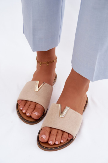 Women's Flat Beige Slides With Decorative V Detail Nelmira