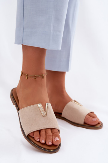 Women's Flat Beige Slides With Decorative V Detail Nelmira 2