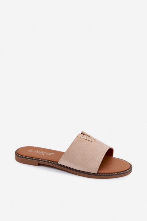 Women's Flat Beige Slides With Decorative V Detail Nelmira