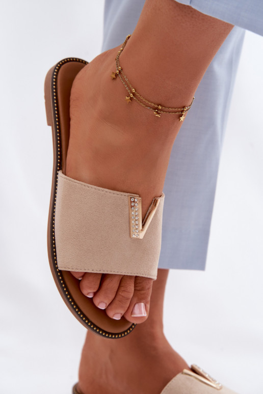 Women's Flat Beige Slides With Decorative V Detail Nelmira