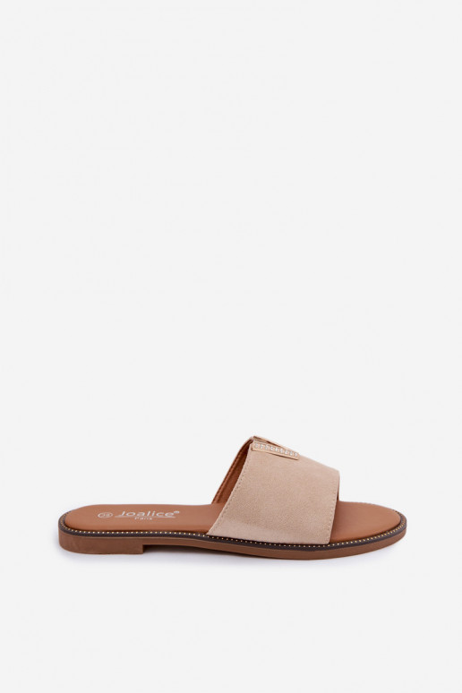 Women's Flat Beige Slides With Decorative V Detail Nelmira