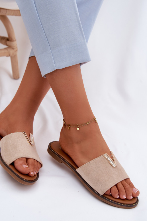 Women's Flat Beige Slides With Decorative V Detail Nelmira