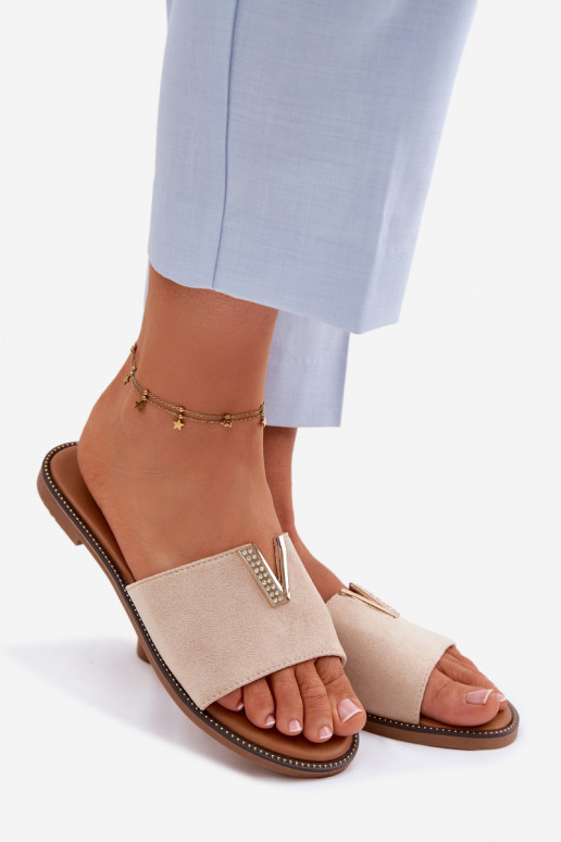 Women's Flat Beige Slides With Decorative V Detail Nelmira