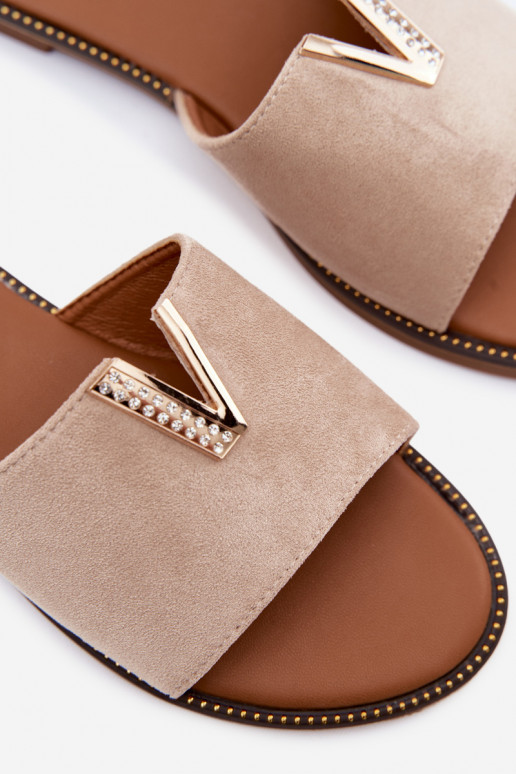 Women's Flat Beige Slides With Decorative V Detail Nelmira