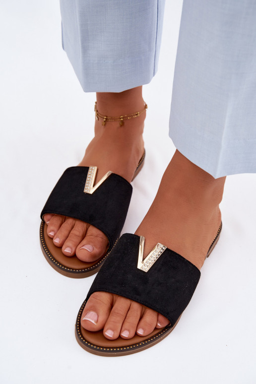 Klapki Damskie PłaskiewithOzdobnym Detalem V Czarne Nelmira