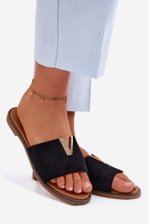 Women's Flat Slippers With Decorative V Detail Black Nelmira