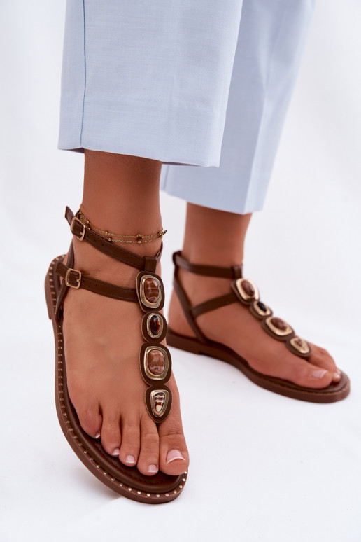 Women's Flat Decorated Brown Flip Flops Dorena