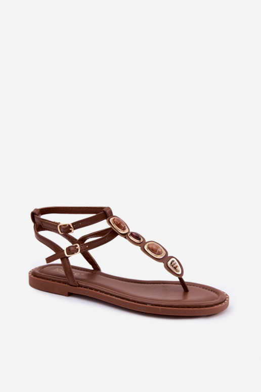 Brown women's toe-post sandals with beautiful details Dorena