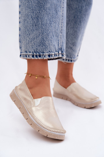 Golden slip-on women's shoes made of leather Przecierany