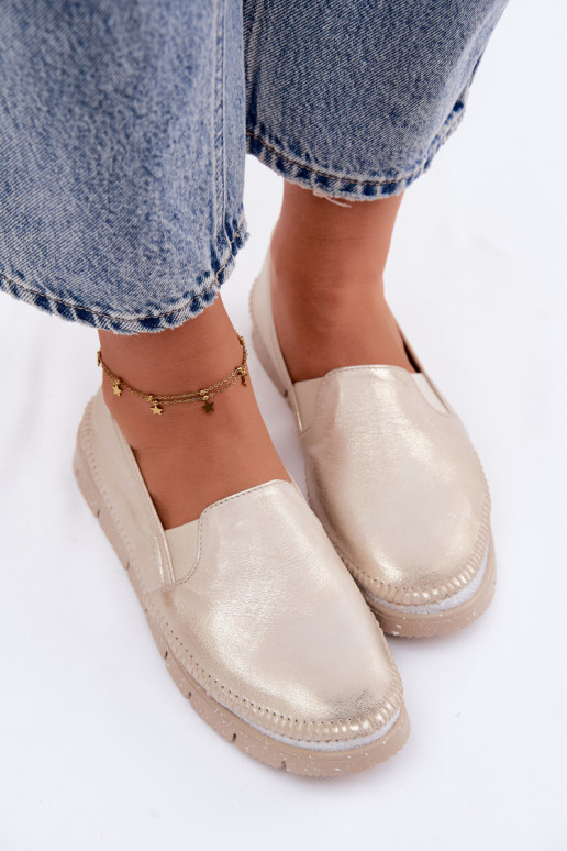 Golden slip-on women's shoes made of leather Przecierany
