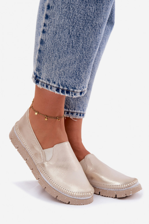 Golden slip-on women's shoes made of leather Przecierany